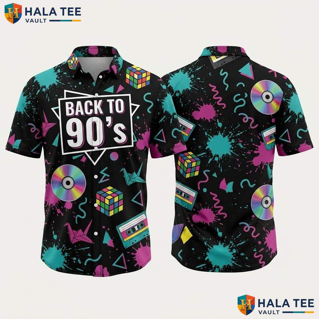 90s Vintage Pattern Aloha Shirt Mens Novelty Summer Party Beach Outfit