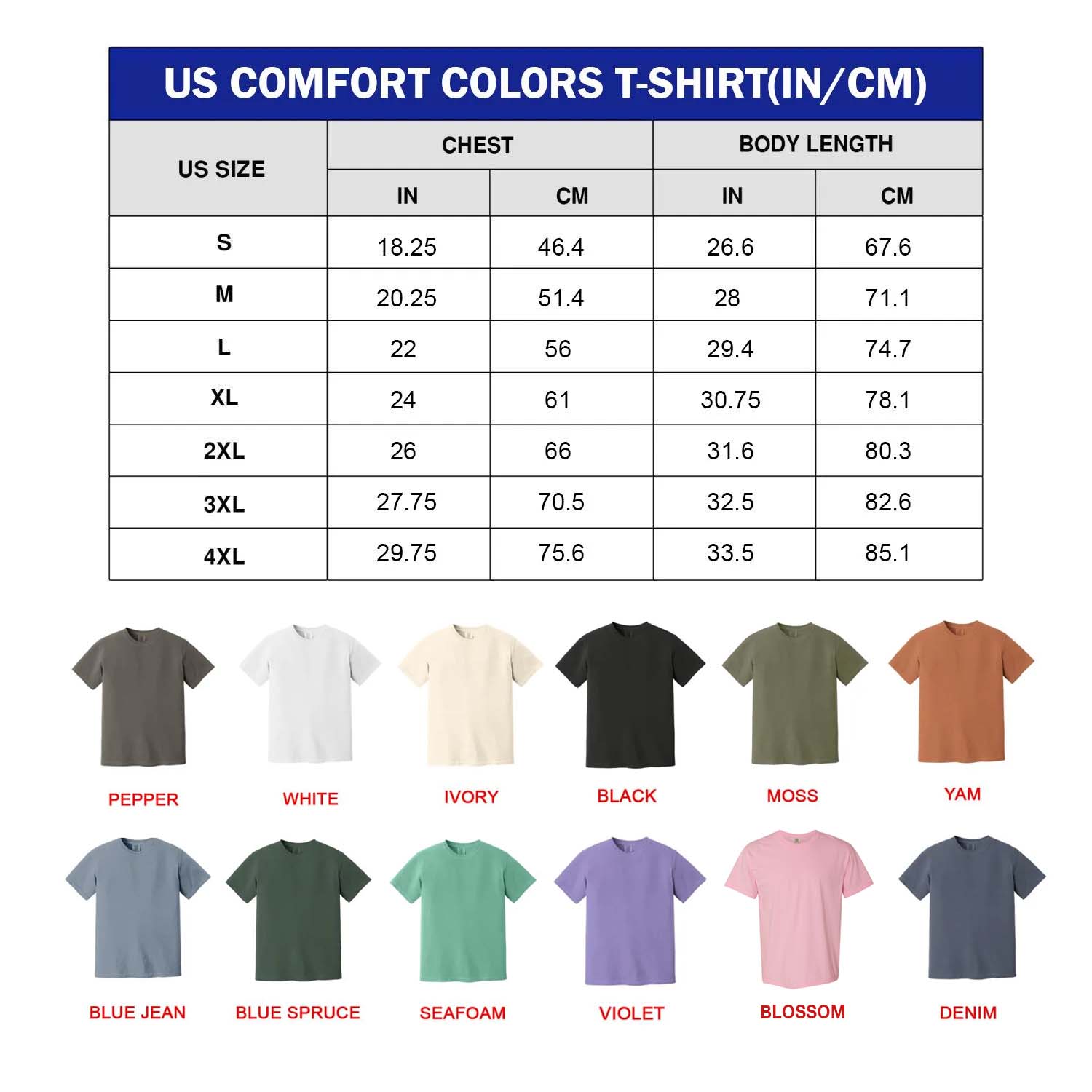 Comfort Colors T-Shirt Size Chart