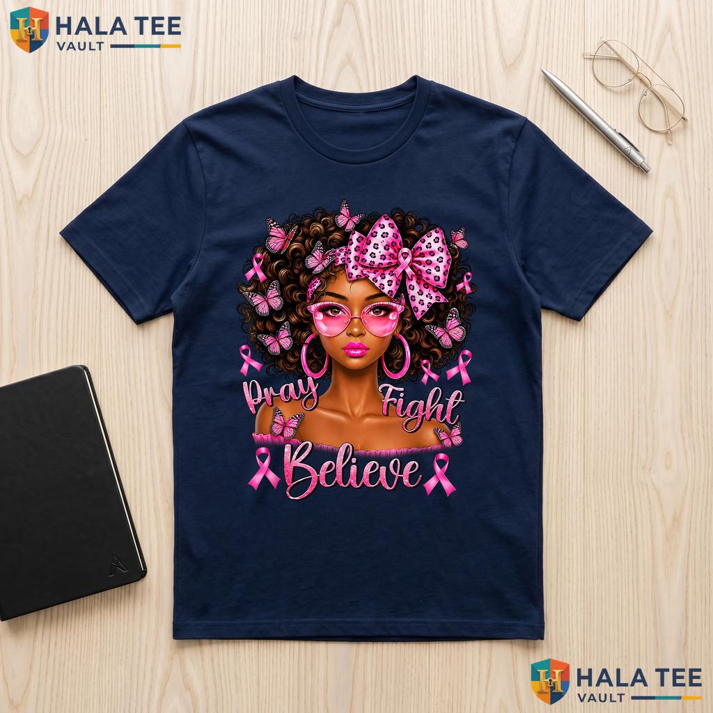 African Women Breast Cancer Tee Pray Fight Believe Pink Ribbon Outfit Adult