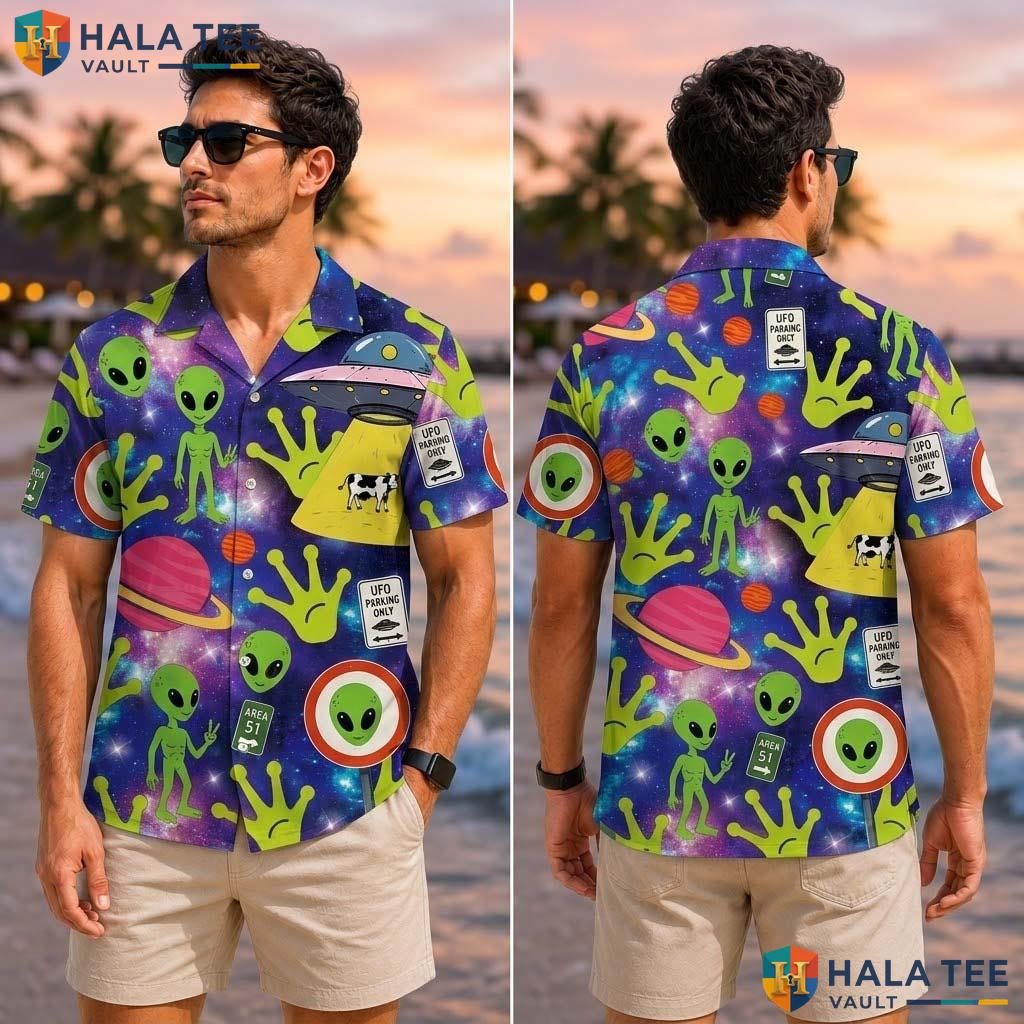 Aliens Graphic Farm Life Tropical Shirt Mens Aloha Button Down Vacation