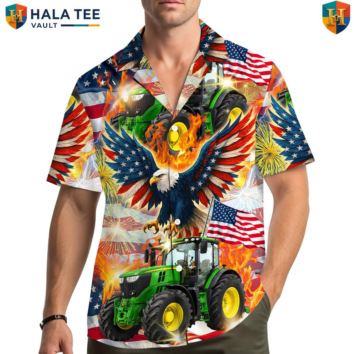American Eagle Tractor Hawaiian Shirt Mens Farm Country Patriotic Resort Top