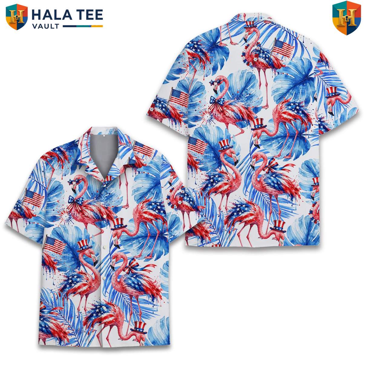 American Flag Flamingo Tropical Shirt Mens Fourth Of July Luau Resort Outfit