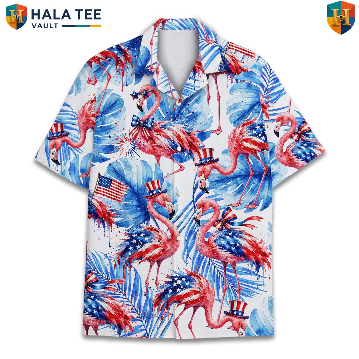 American Flag Flamingo Aloha Shirt Mens Fourth Of July Luau Resort Outfit