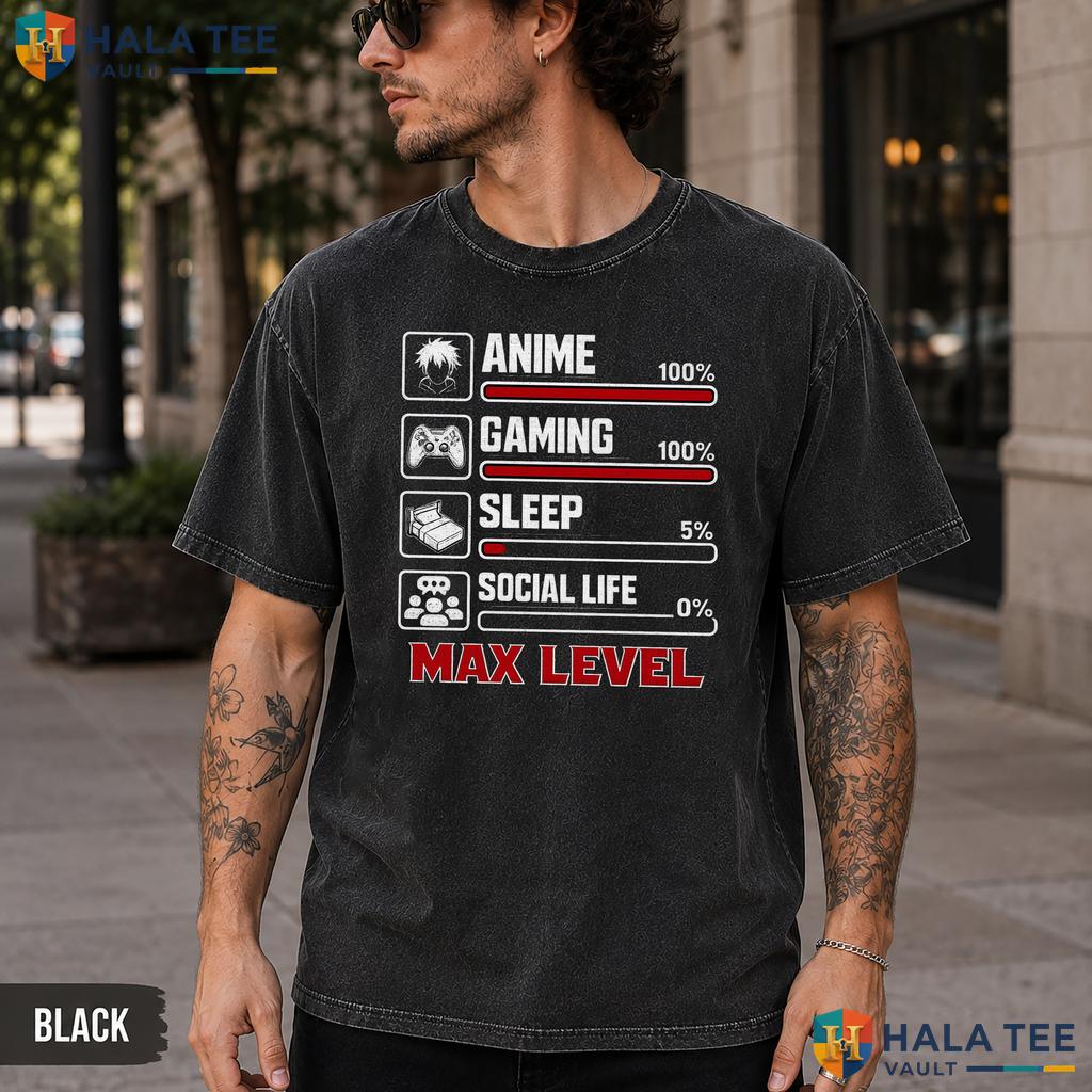 Anime Gaming Max Level Washed T-Shirt Funny Gamer Teen Boys Graphic Top