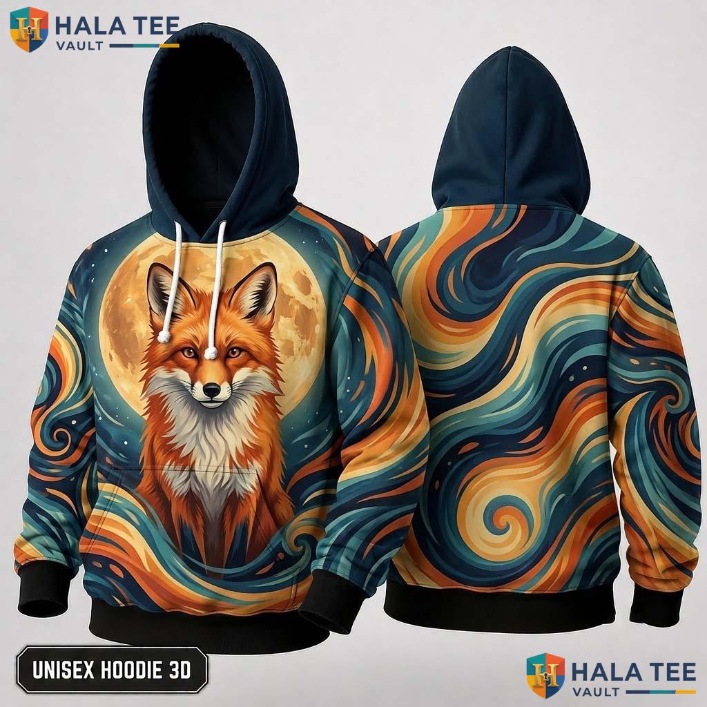 Artistic Moon Cosmic Fox 3D Hoodie Vintage Unisex Graphic Pullover Top