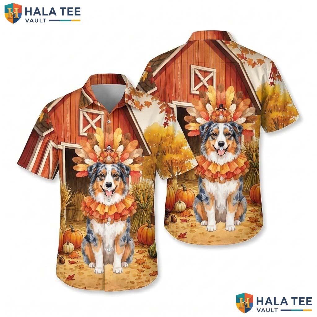 Australian Shepherd Thanksgiving Hawaiian Shirt Fall Scene Costume Top