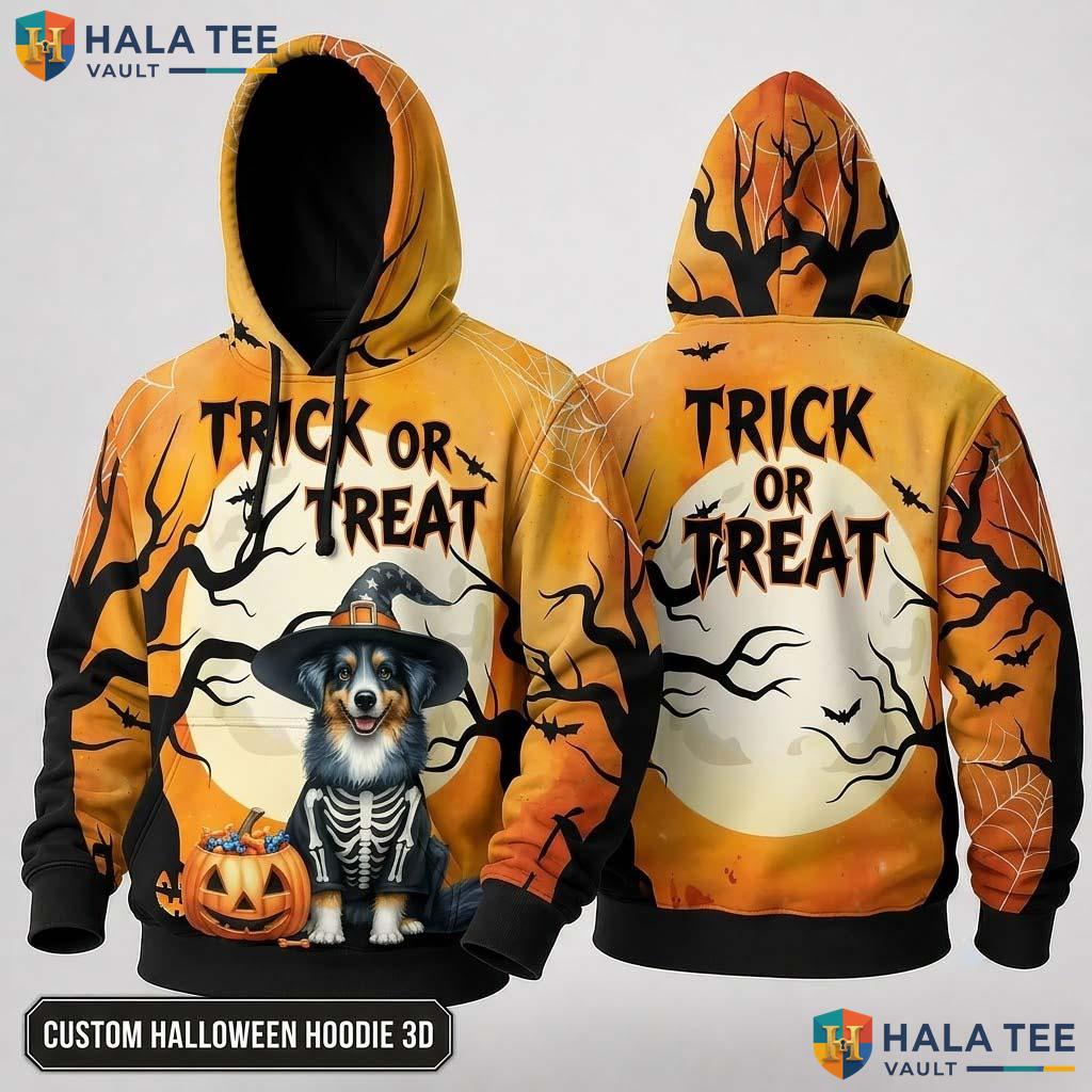 Australian Shepherd Trick Or Treat 3D Hoodie Playful Halloween Graphic