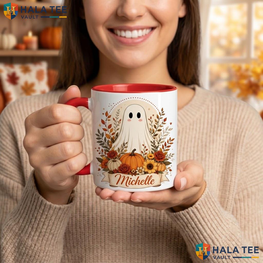 Autumn Ghost Thanksgiving Mug Personalized Cute Fall Ceramic Coffee Camping Mug