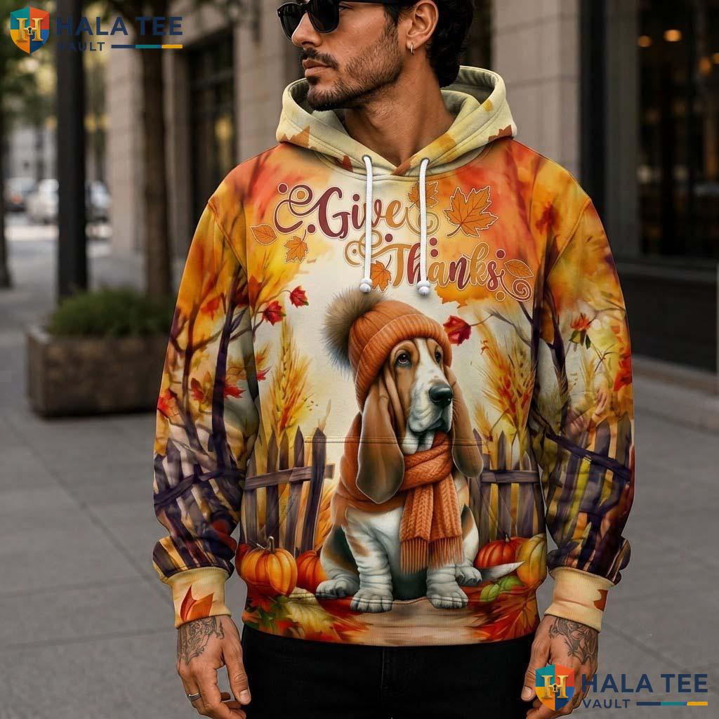 Basset Hound Dog Thanksgiving 3D Printed Hoodie Give Thanks Whimsical Fall