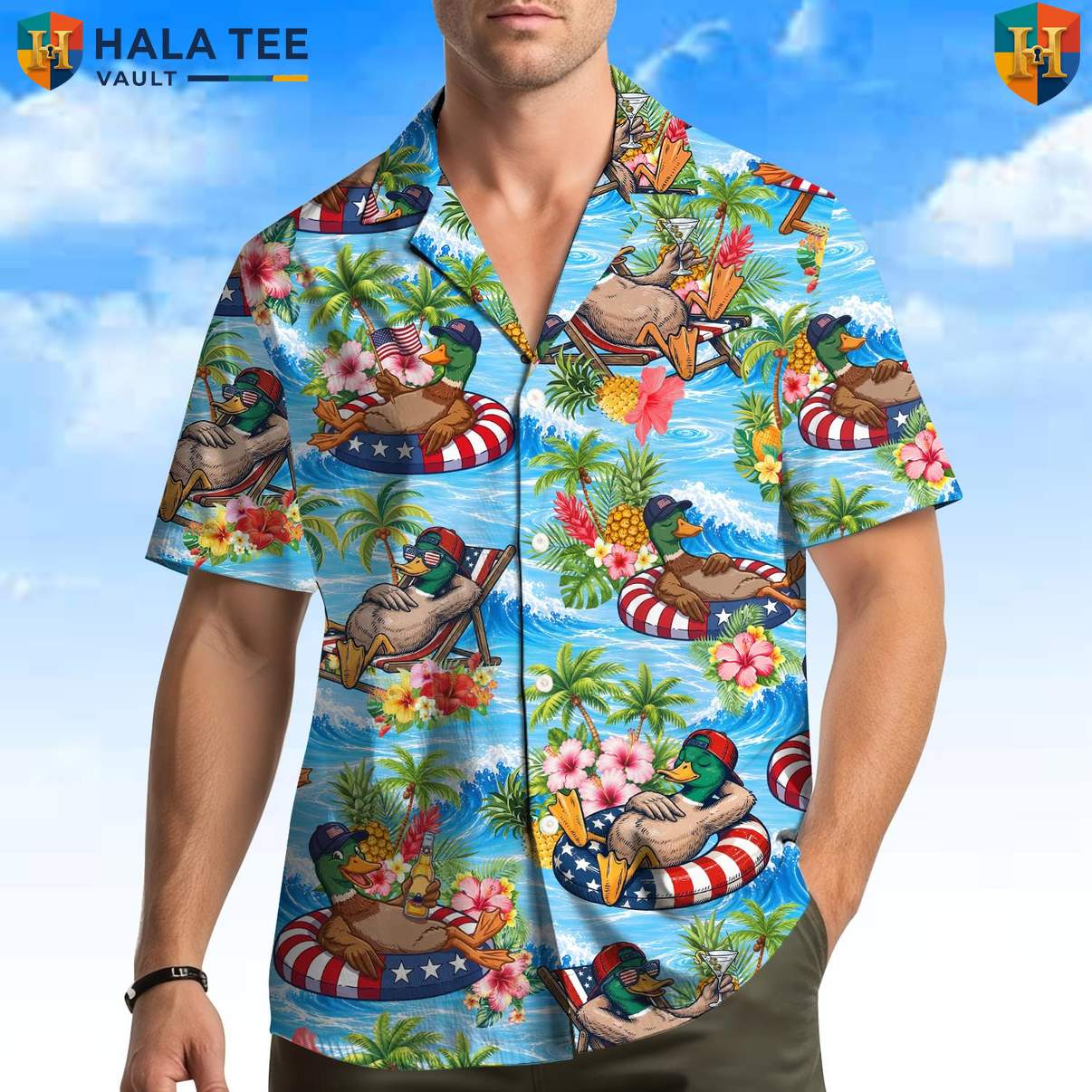 Beach Patriotic Duck Aloha TShirt Mens Fourth Of July Cruise Holiday Apparel
