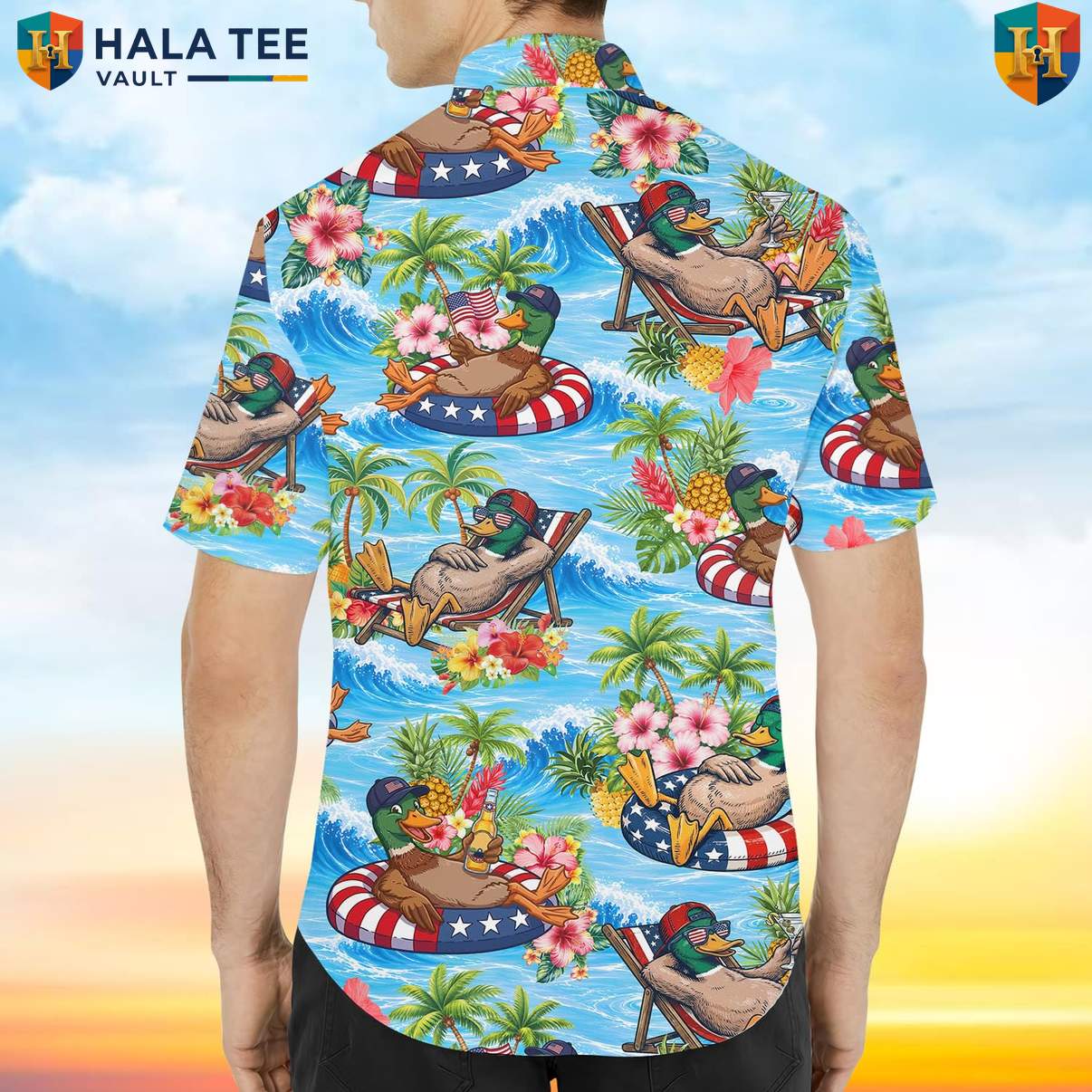 Beach Patriotic Duck Aloha Tee Mens Fourth Of July Cruise Holiday Apparel