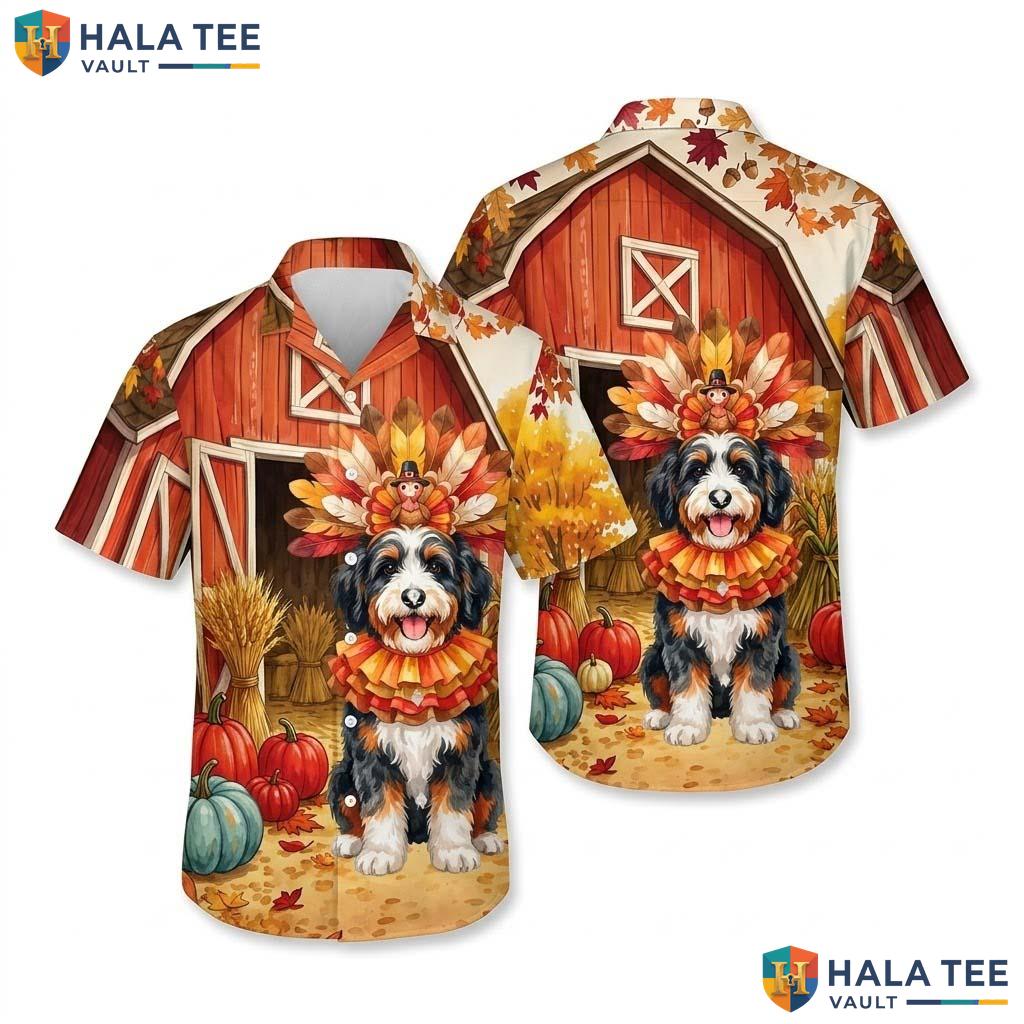 Bernedoodle Costume Thanksgiving Hawaiian Shirt Dog Turkey Fall Mens