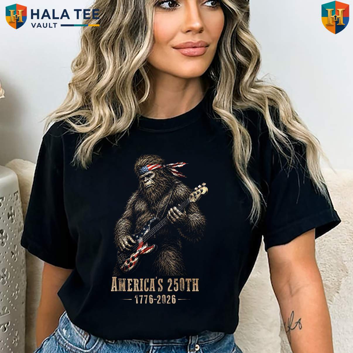 Bigfoot Playing Guitar Patriotic T-Shirt 250 Years America Fourth July Top