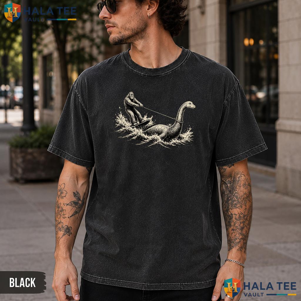 Bigfoot Water Skiing Nessie Washed T-Shirt Funny Cryptid Humor Apparel