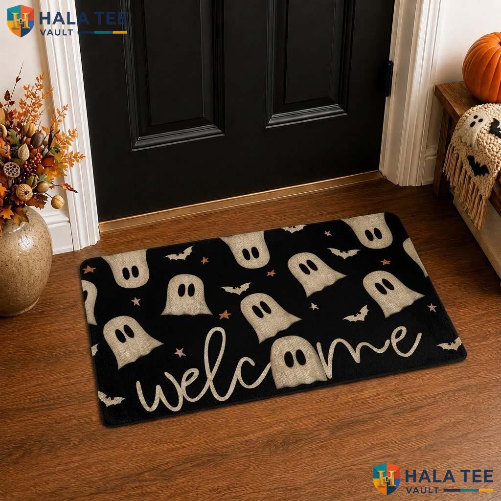 Black Bat Halloween Front door mat Funny Ghost Welcome Entryway Decor Spooky Rug