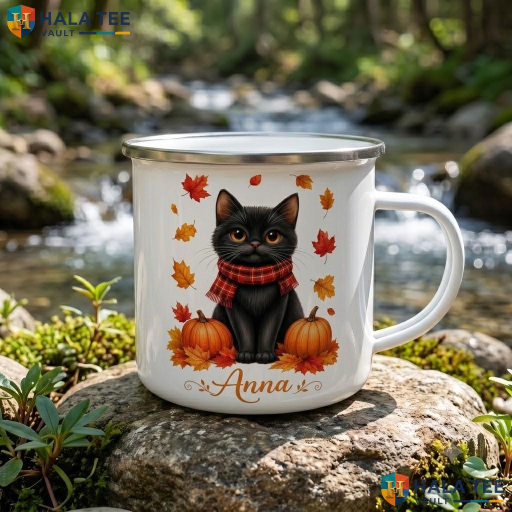 Black Cat Fall Ghost Accent Mug Custom Autumn Thanksgiving Coffee Cup