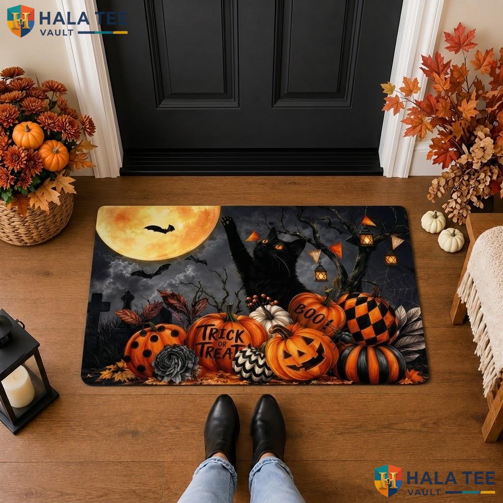 Black Cat Halloween Front door mat Trick Or Treat Front Porch Welcome Floor Rug