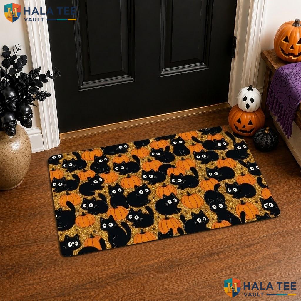 Black Cat Pumpkin Halloween Front door mat Spooky Faux Coir Non Slip Front Porch