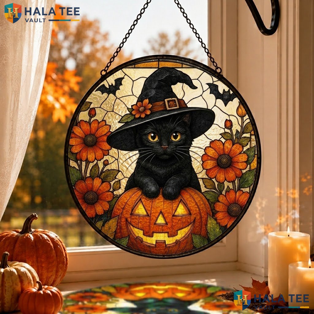 Black Cat Pumpkin Halloween Stained Glass Suncatcher Spooky Floral Room Decor Adult