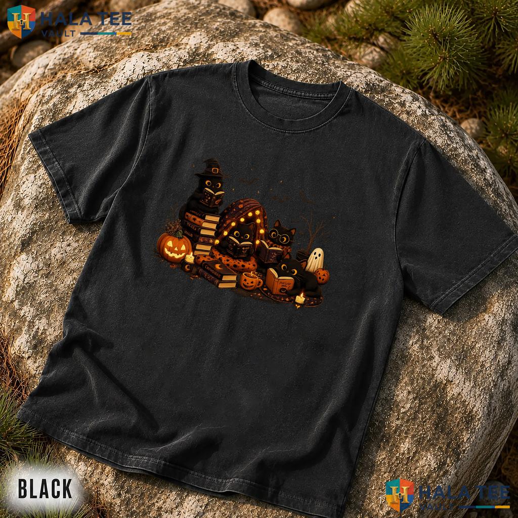 Black Cat Reading Halloween Comfort Colors T Shirt Spooky Book Lover Apparel