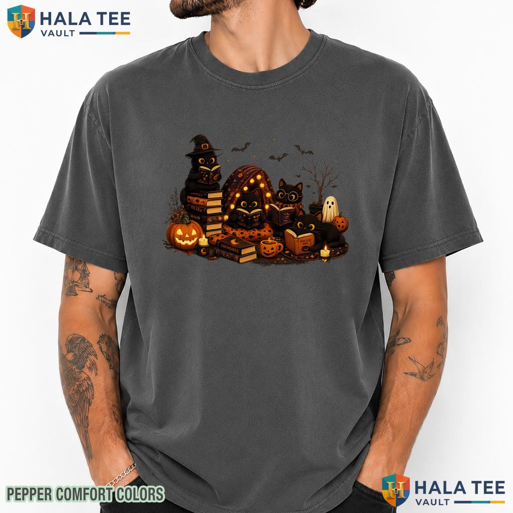 Black Cat Reading Halloween Comfort Colors T Shirt Spooky Book Lover Apparel Heavyweight Cotton T-Shirt