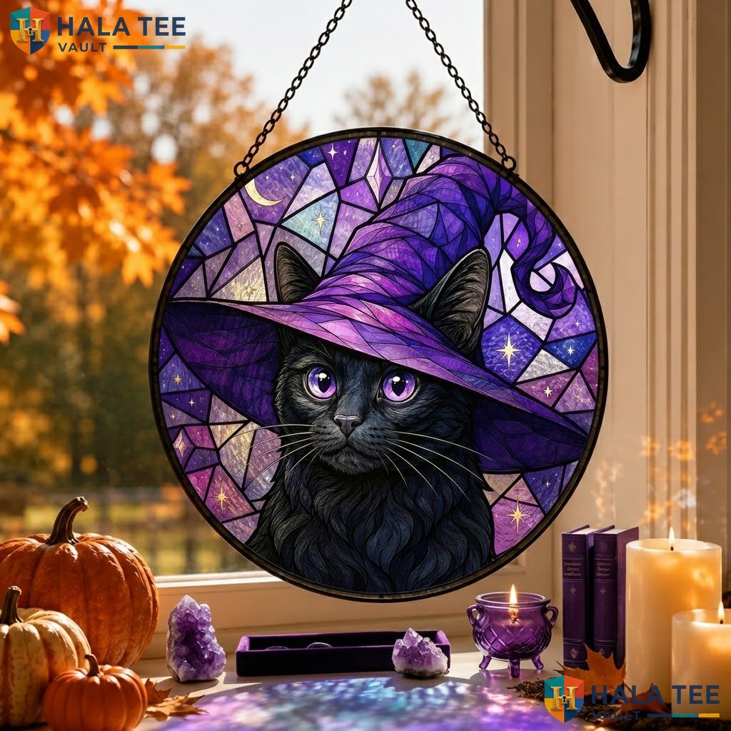 Black Cat Witch Halloween Stained Glass Suncatcher Purple Hat Celestial Decor Adult