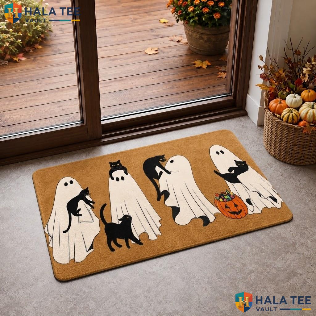 Black Cats Ghost Halloween Coir Doormat Cute Spooky Outdoor Entryway Porch
