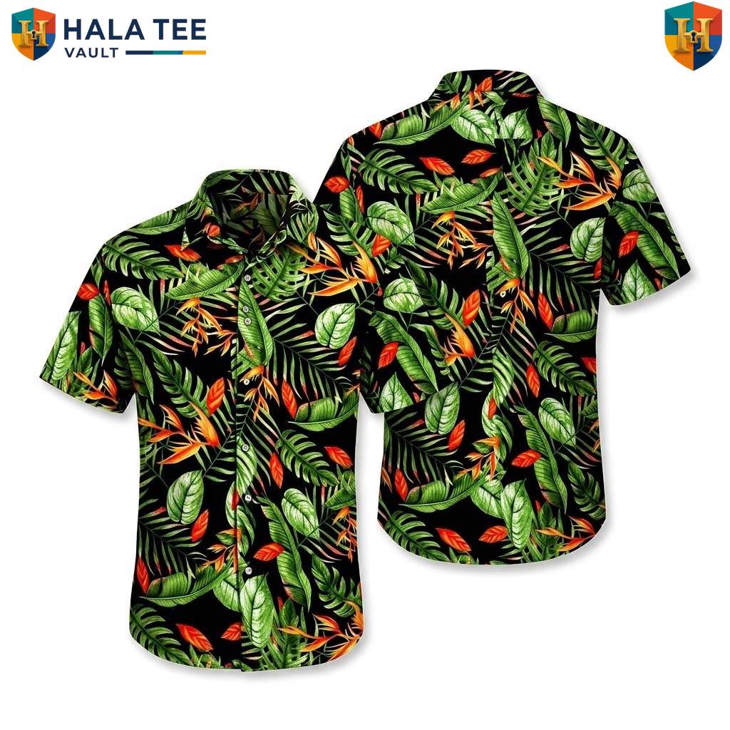 Black Green Leaf Hawaiian Shirt Mens Tropical Casual Summer Beach Outfit