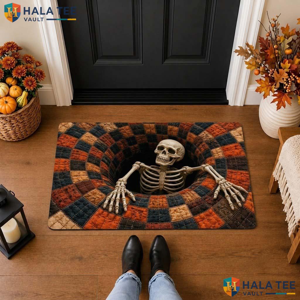 Black Orange Skeleton Halloween Front door mat 3D Vortex Optical Illusion Mat