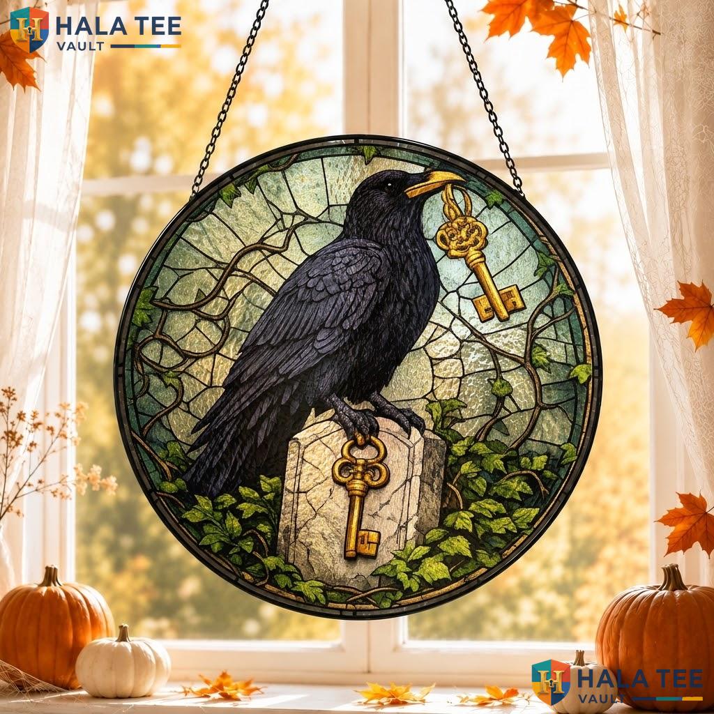 Black Raven Stained Glass Suncatcher, Gothic Garden Ornament With Vines And Leaves