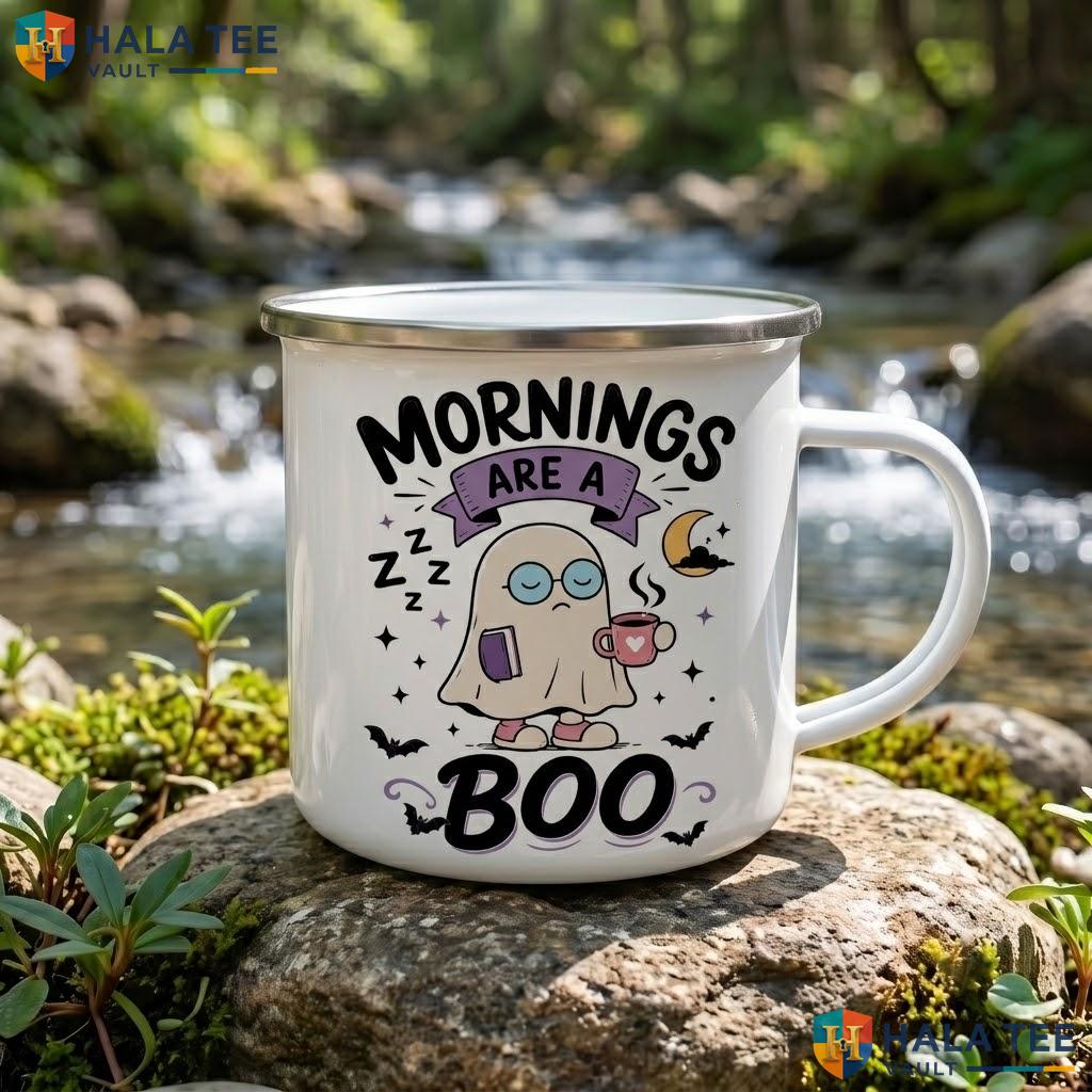 Black Sleepy Ghost Halloween Accent Mug Funny Mornings Are A Boo Ceramic Mug