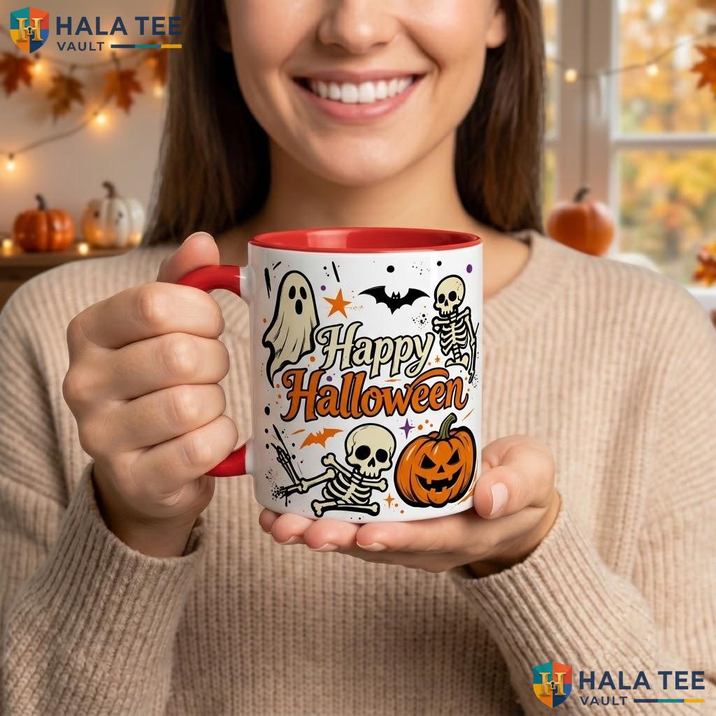 Black Spooky Halloween Ceramic Mug Ghost Skeleton Bat Pumpkin Coffee Camping Mug