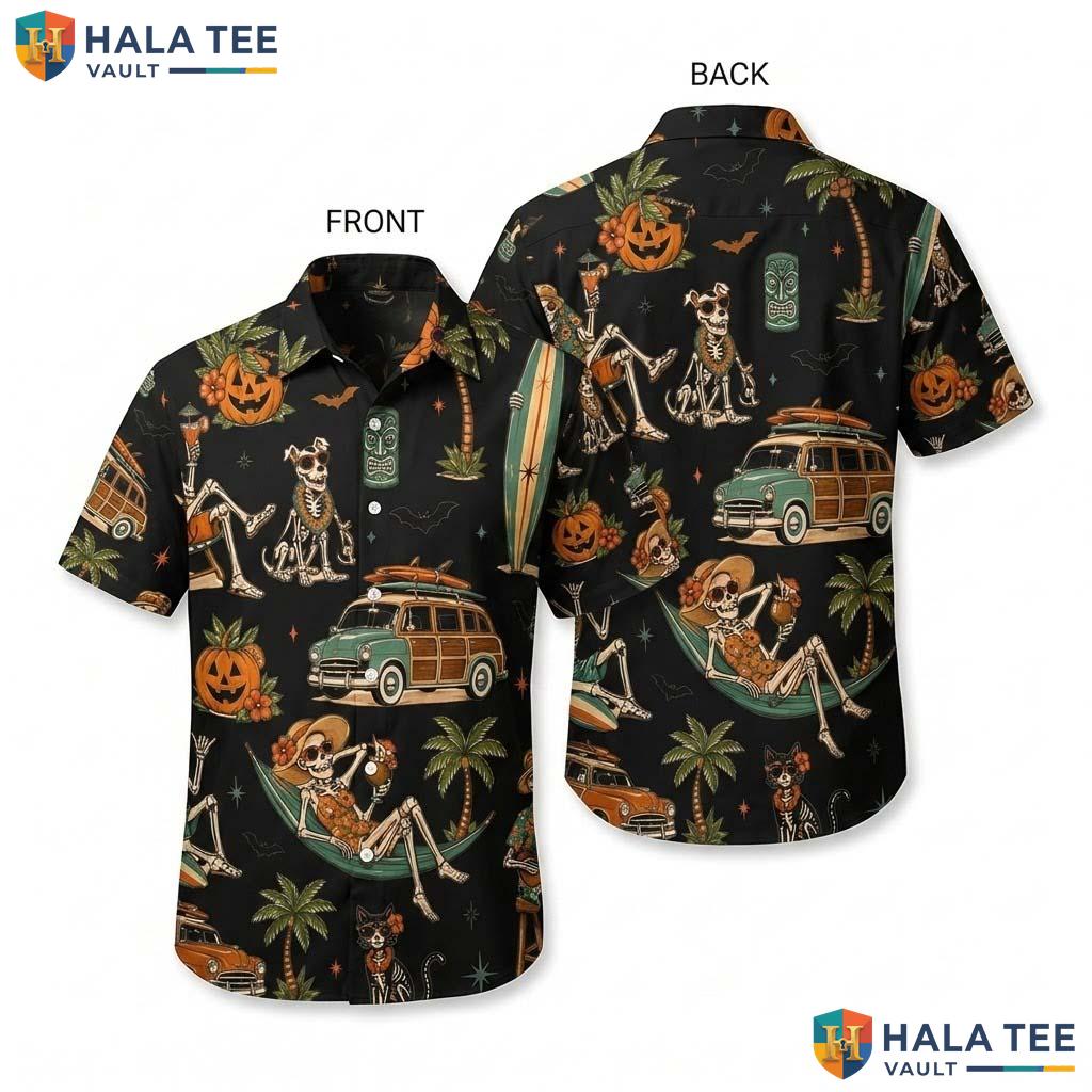 Black Summerween Halloween Aloha Shirt Tropical Skeleton Retro Top