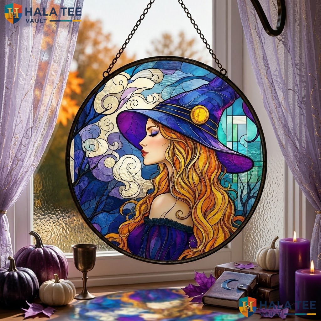 Blonde Witch Halloween Stained Glass Suncatcher Unique Fantasy Art Home Decor Adult