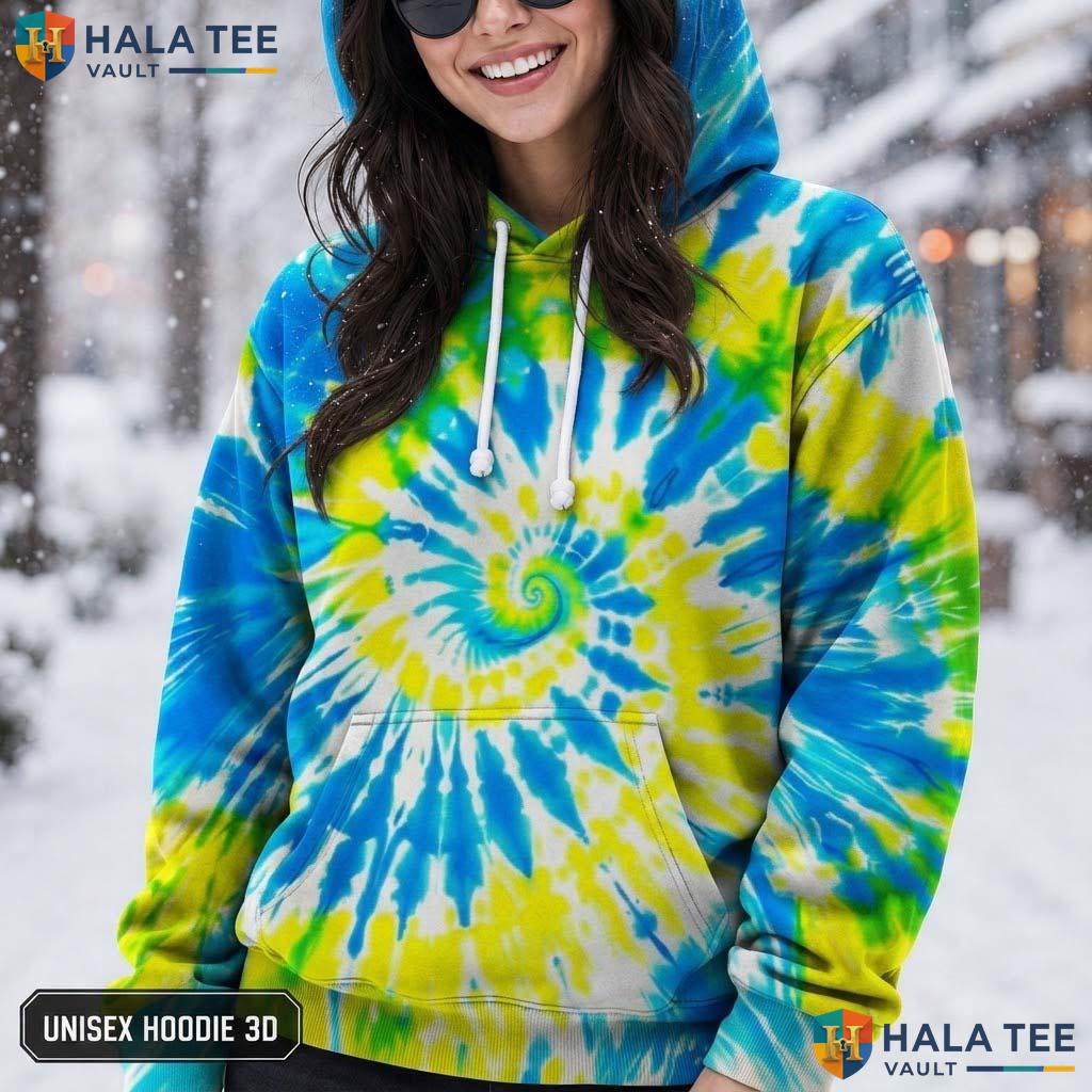 Blue Green Tie Dye Hoodie Mens Unisex Rainbow Graphic Art Pullover Top AOP Hoodie