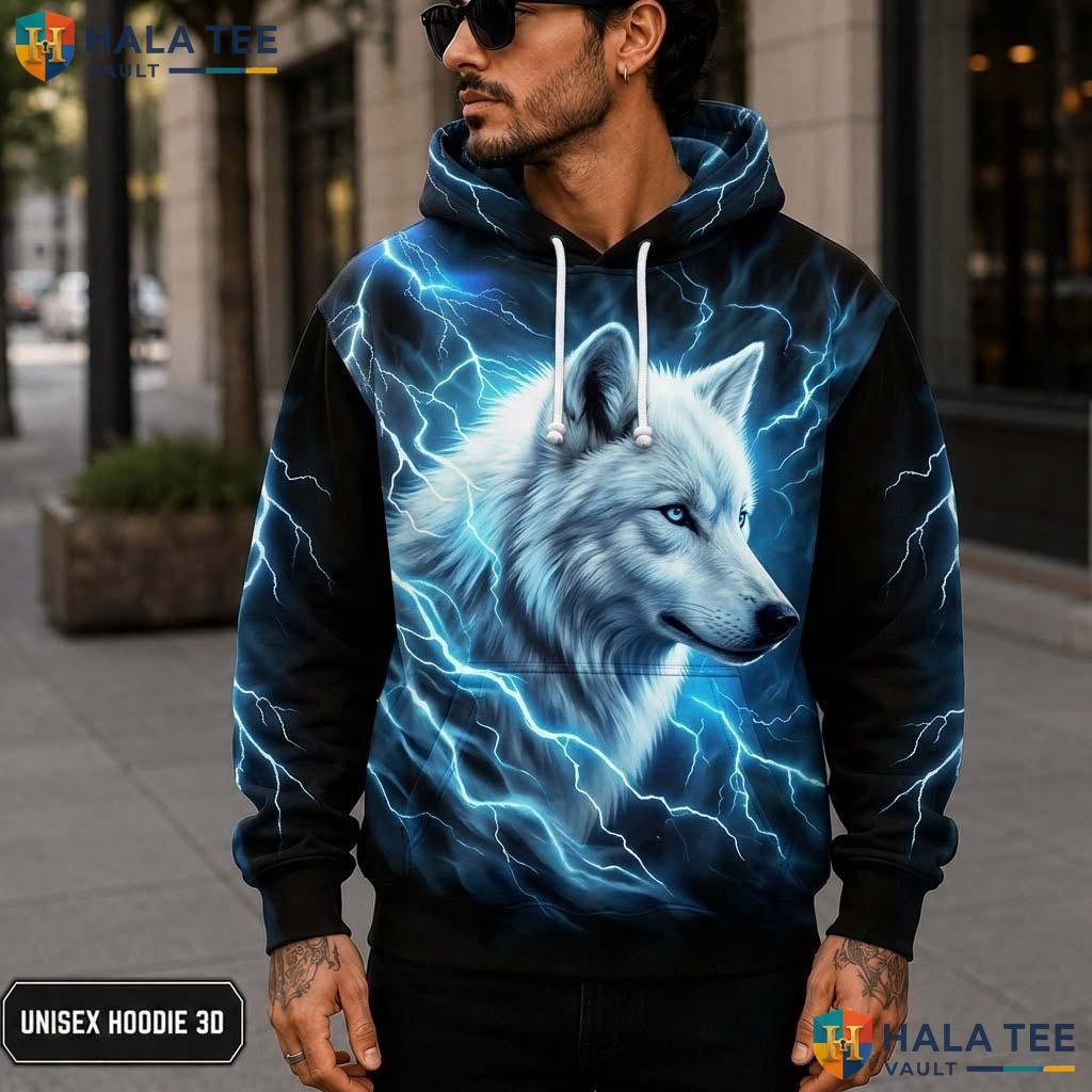 Blue Lightning Wolf 3D Printed Hoodie Fierce Graphic Alternative Fashion Apparel