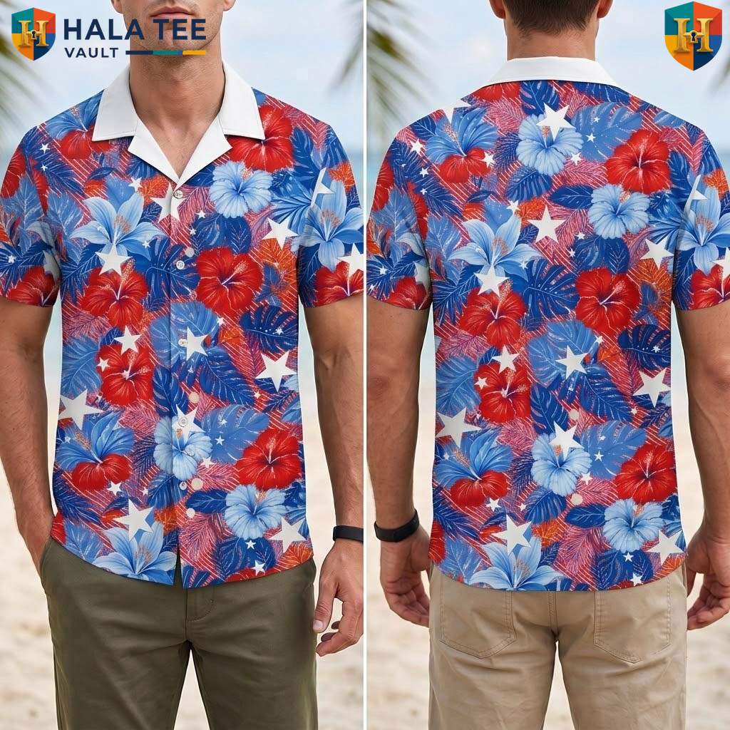 Blue Patriotic Flower Tropical Shirt Mens USA Flag Fourth Of July Outfit