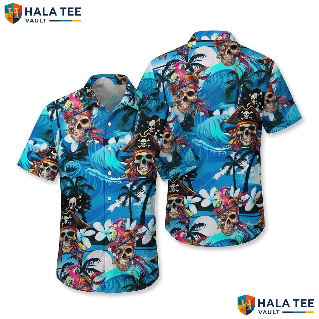 Blue Pirate Ship Hawaiian Shirt Mens Funny Buccaneer Summer Beachwear