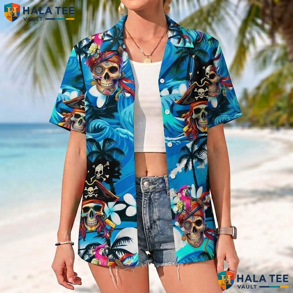 Blue Pirate Ship Short-sleeve button-up shirt Mens Funny Buccaneer Summer Beachwear
