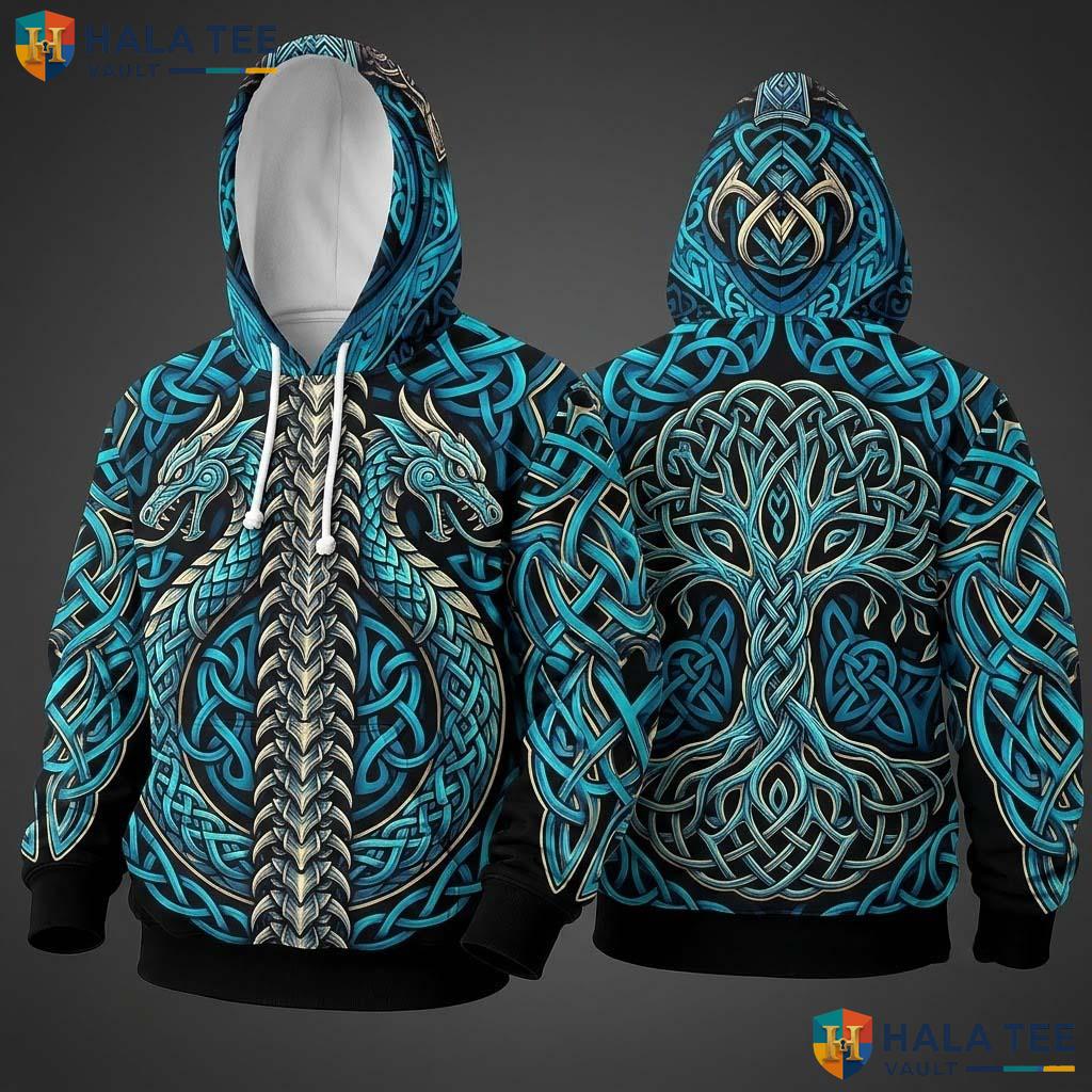 Blue Silver Celtic Dragon 3D Hoodie Vintage Graphic Bold Art Streetwear