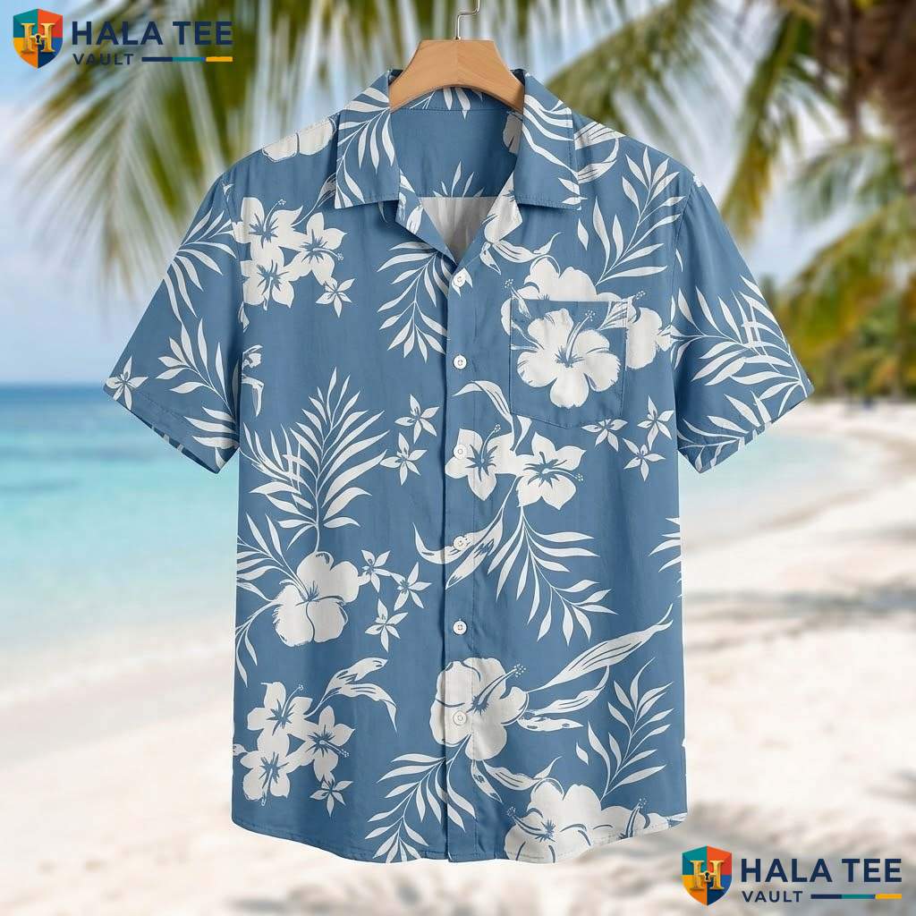 Blue White Floral Aloha Tee Mens Tropical Casual Summer Beach Outfit