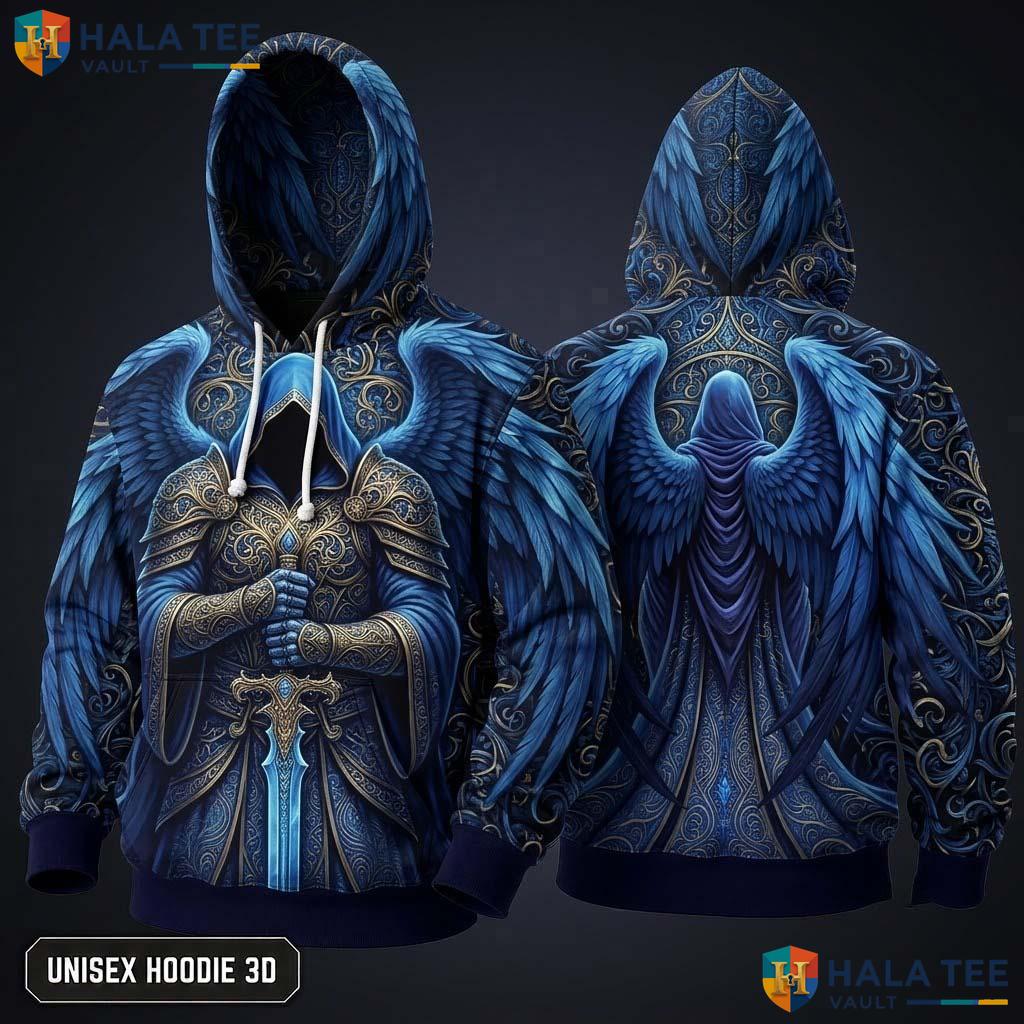 Blue Winged Grim Reaper 3D Hoodie Retro Gothic Fantasy Fashion Apparel