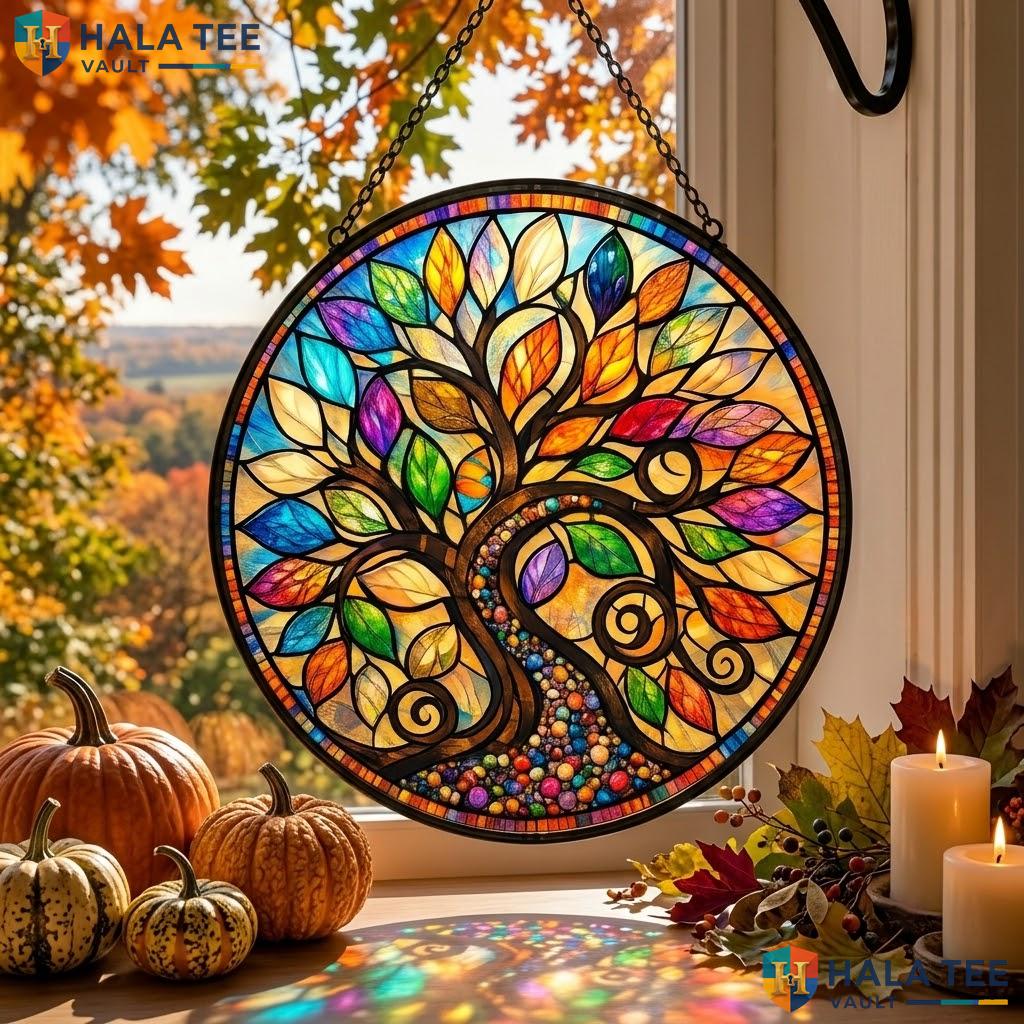 Bohemian Tree Crow Stained Glass Suncatcher Mystical Moon Indoor Decor Adult