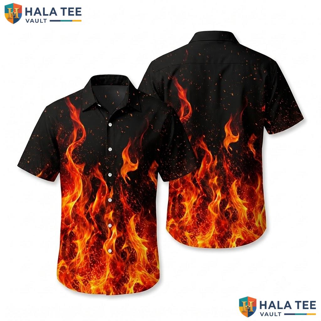Bold Fiery Pattern Hawaiian Shirt Vibrant Summer Button Down Short Sleeve