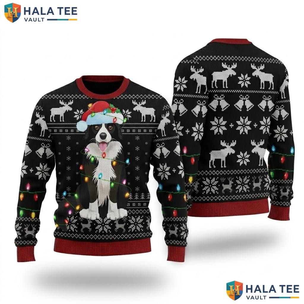 Border Collie Santa Hat Ugly Christmas Sweater Graphic Lights Top