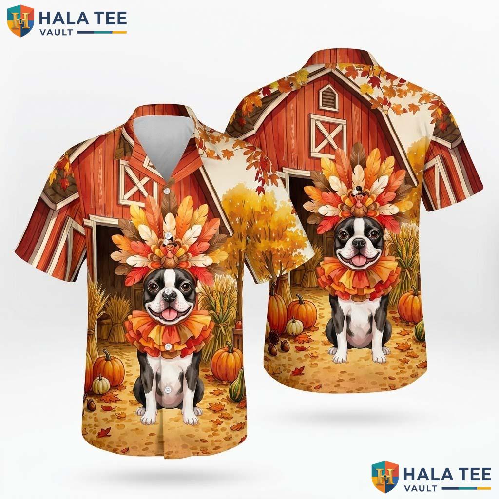 Boston Terrier Thanksgiving Hawaiian Shirt Turkey Costume Fall Scene