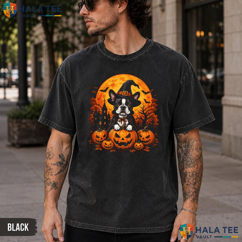 Boston Terrier Washed T-Shirt Cute Witch Hat Pumpkin Halloween Dog Lover