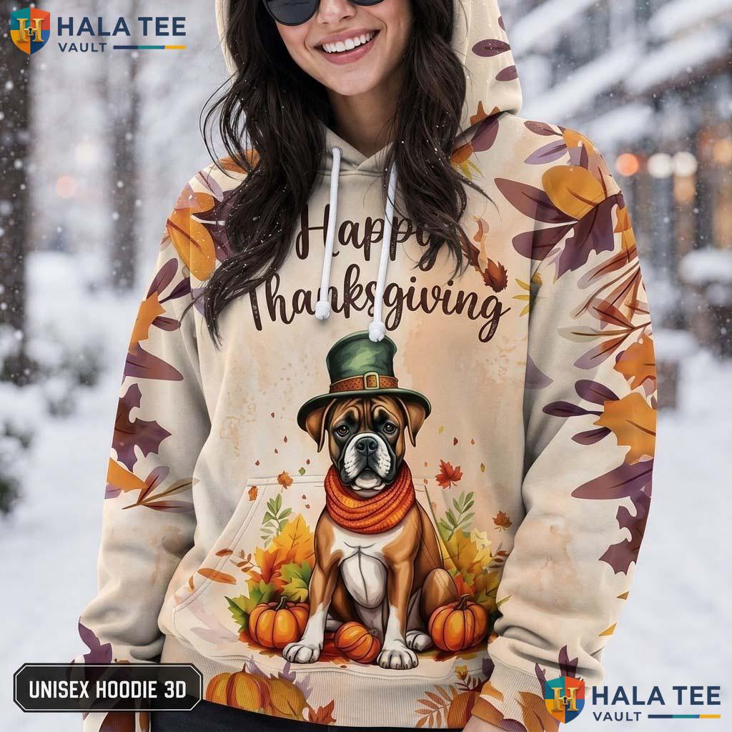 Boxer Pumpkins Leaves Thanksgiving 3D Printed Hoodie Vintage Cheerful Dog Top