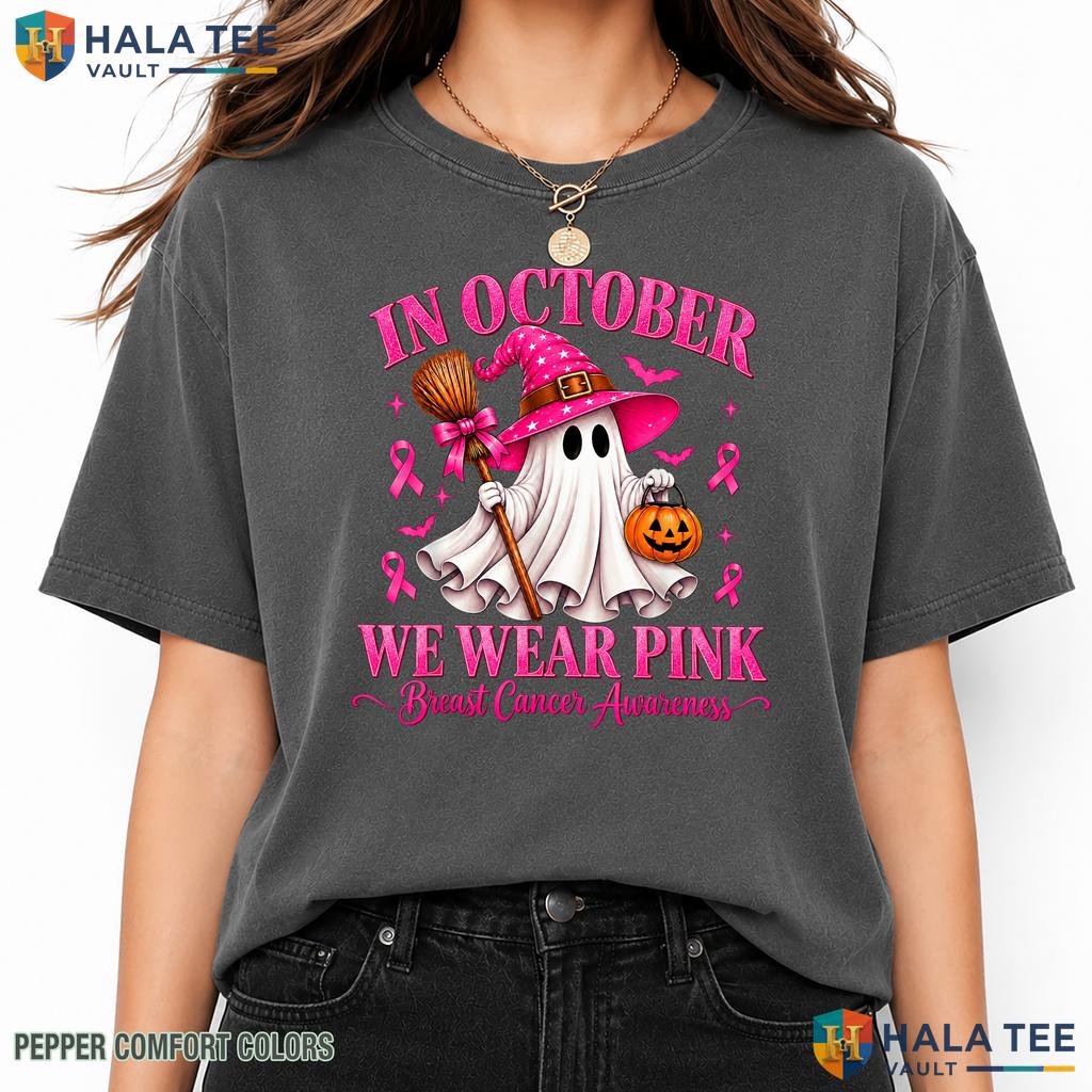 Breast Cancer Ghost Witch Garment-Dyed T-Shirt Pink Halloween Top
