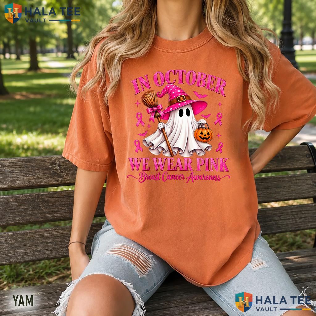 Breast Cancer Ghost Witch Retro Style T-Shirt Pink Halloween Top